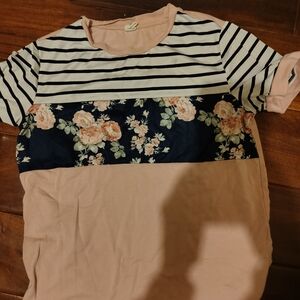 Striped and Floral Colorblock T-Shirt
